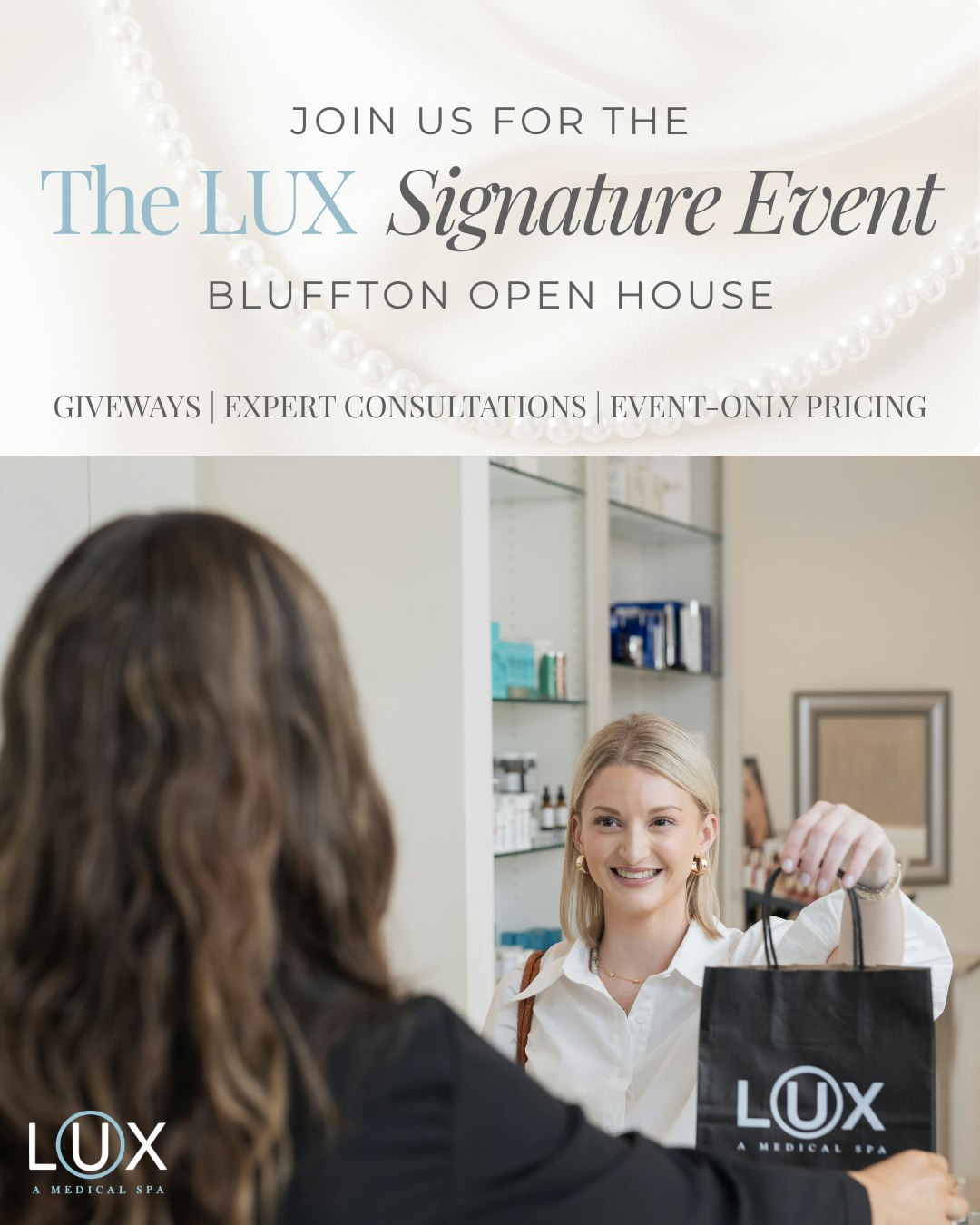 Ready for the biggest aesthetics sale of the year in Bluffton? ✨
Join us for the LUX Signature Open House on September 24 for a full day of exclusive pricing, giveaways, and one-on-one time with the LUX team.
WHEN: September 24 | 9 AM–6 PM
WHERE: 350 Fording Island Rd, Bluffton, SC 29910
Reserve your spot through the link in our bio.
Can’t make it to the Open House? Shop the presale and still take advantage of exclusive event pricing!