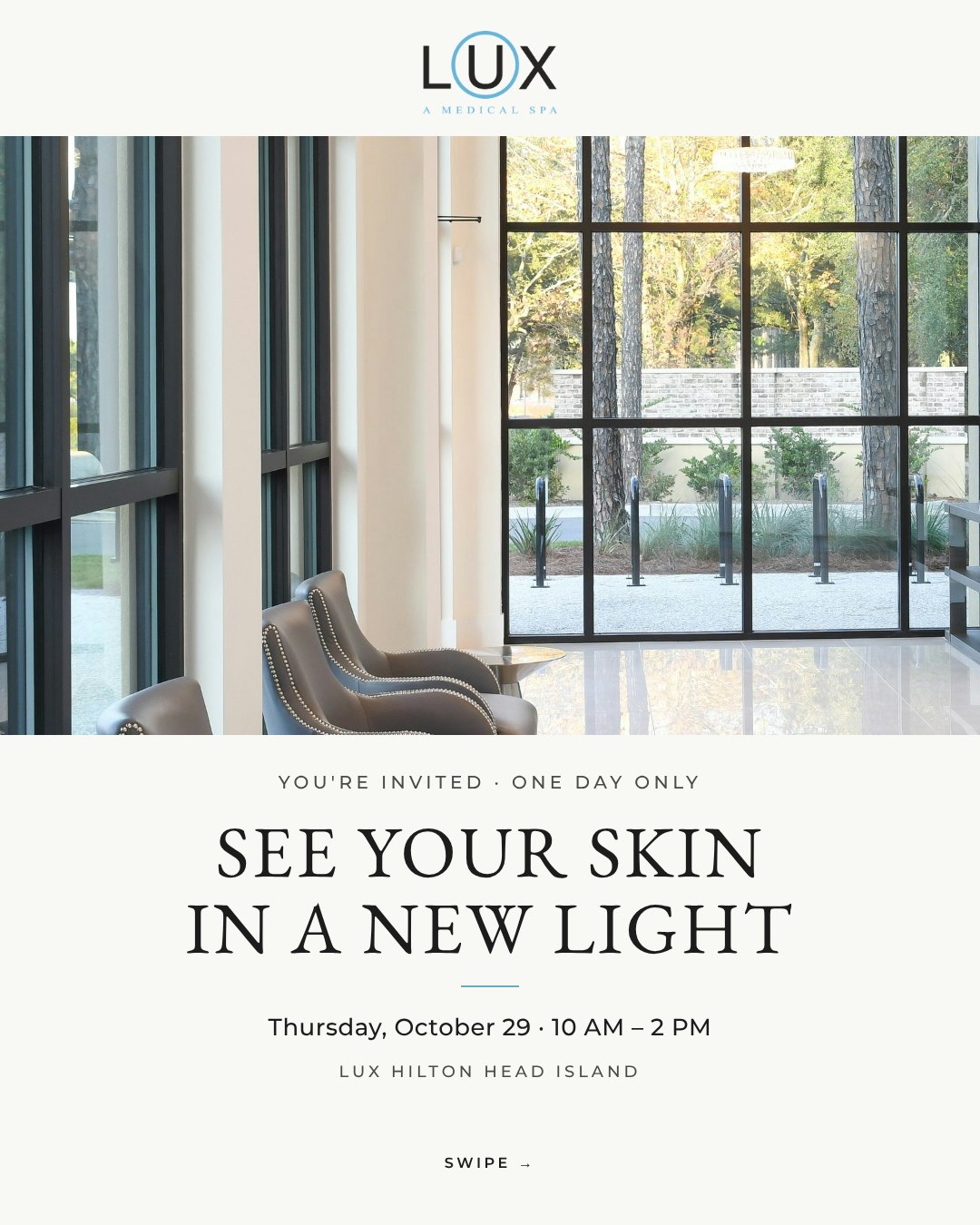 ✨ What if you could see what's happening beneath the surface of your skin?
On Thursday, October 29, we're hosting a one-day skin event at LUX Hilton Head Island. Join us for a complimentary skin analysis with the Optic Slim, an imaging camera that looks at your skin beyond what the eye can see. A LUX provider will walk you through your personalized skin report and recommend a plan built around you.
Plus: 10% off Obagi skincare, free samples, a gift with purchase over $100, and light bites and refreshments.
📅 Thursday, October 29 · 10 AM – 2 PM
📍 24 Shelter Cove Ln, Suite 50, Hilton Head Island
👉 Call (843) 603-5370 to reserve your complimentary skin analysis. Walk-ins welcome. Availability is limited.