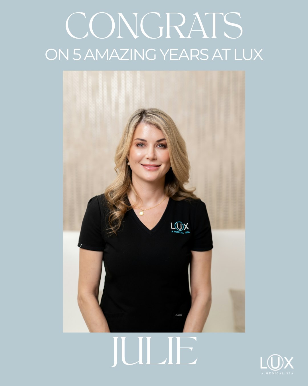 Some providers do lasers. Some do facials. Julie can do it all.
Happy 5-year work anniversary to Julie, LE, CCMA!
Julie started in cosmetology in the late ’90s. As a military spouse, she rebuilt her career in a new town more than once, until her own curiosity about skincare and anti-aging led her into medical aesthetics.
Today, she holds two licenses. Her CCMA covers laser treatments, and her aesthetician license covers facials, peels, and microneedling, so she can walk you through your options on both sides without guesswork. Her favorite part is building a plan rather than selling a single service, because, as she puts it, “there’s not one thing, typically.” 🎉
Five years in, we’re grateful for the care and precision she brings to every appointment. Join us in celebrating Julie and leave her a congratulations below!
#LuxMedSpa #BlufftonSC #HiltonHeadIsland #LuxuryMedSpa #5StarMedSpa #LowCountryBeauty #NaturalResults