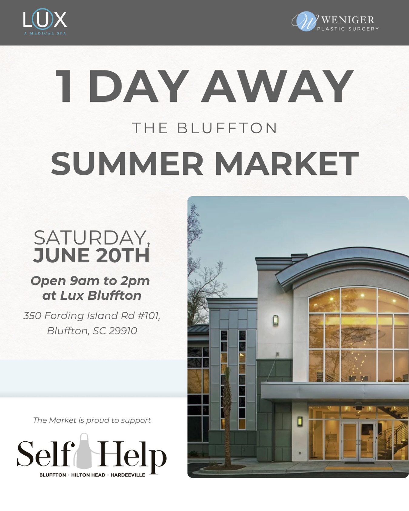 One more sleep, Bluffton.

Tomorrow is the day. doors open at 9 AM for the Bluffton Summer Market and we cannot wait to see you there! 

Local makers. Boutique finds. Good food. Great people. And every canned good donation goes straight to families in the Lowcountry through @blufftonselfhelp 🤍

Come as you are. Bring the family. It’s going to be a great day! 

📅 Saturday, June 20
⏰ 9 AM – 2 PM
📍 350 Fording Island Rd, Bluffton, SC

Free admission | All ages welcome