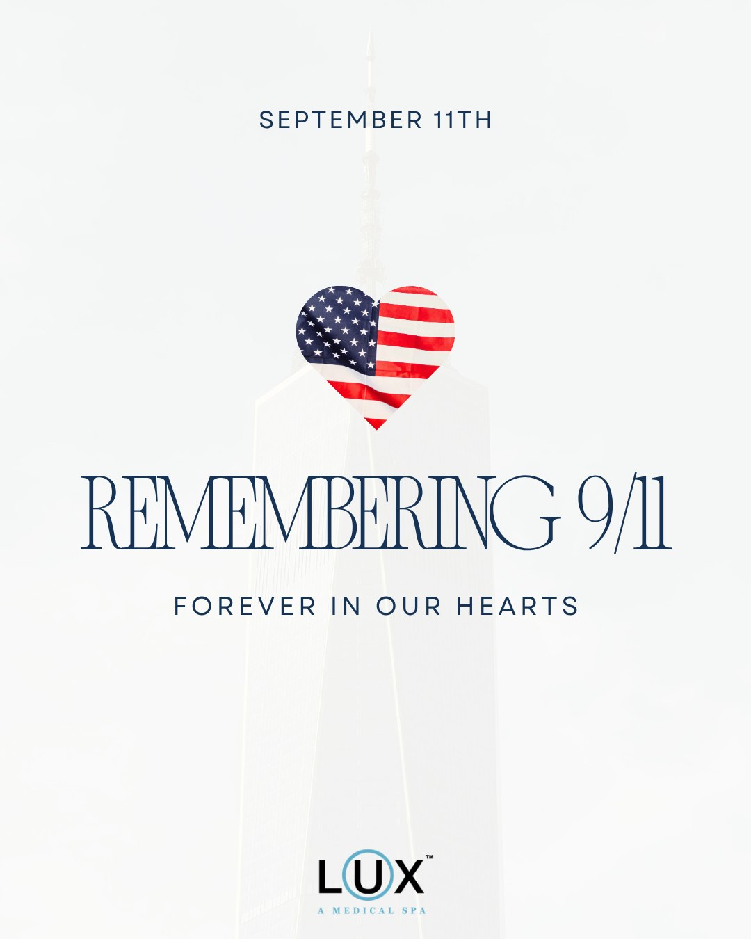 Twenty-five years ago today, our nation changed forever.
Today we pause to remember the lives lost on September 11, 2001, and to honor the first responders, service members, and families who have carried that day with them ever since. We will never forget.
From all of us at LUX ~A Medical Spa 🇺🇸