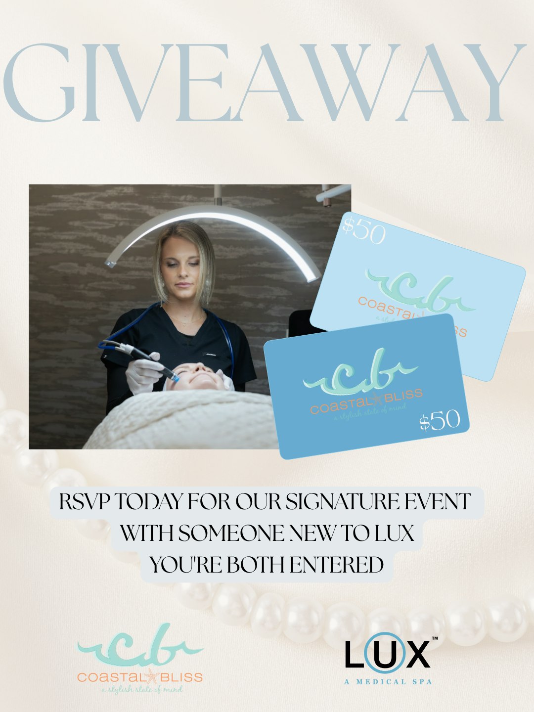 Bring a friend who's never been to LUX. You could both win.
We're giving away a $50 Coastal Bliss gift card 🌊 RSVP today for our Signature Event this Thursday, September 24th, and bring someone who's new to LUX, and you'll both be entered to win. It's the easiest way to introduce a friend to the place you already love, and a lovely excuse to spend the day together.
Tag the friend you want to bring 👇 Then RSVP for both of you at the link in our bio before 11:59 PM ET tonight.
To enter, you and a friend who is new to LUX must both RSVP for the Signature Event by 11:59 PM ET on September 22nd. One winner will be drawn at random and announced at the event (you don't need to be present at the time of the drawing to win).
---
Our Signature Event takes place at our Bluffton, SC location, and it's a relaxed way to get to know a physician-led medical spa near Hilton Head Island without booking a single appointment. Bring your questions about Botox, laser treatments, or skincare, and our team will be there to answer them.
#LuxMedSpa #BlufftonSC #HiltonHeadIsland #BeaufortSC #MedSpaHiltonHead #MedicalSpaBluffton #SouthCarolinaMedSpa #LuxuryMedSpa #5StarMedSpa #LowCountryBeauty #BlufftonBeauty #HiltonHeadBeauty #NaturalResults #LookLikeYourselfJustBetter