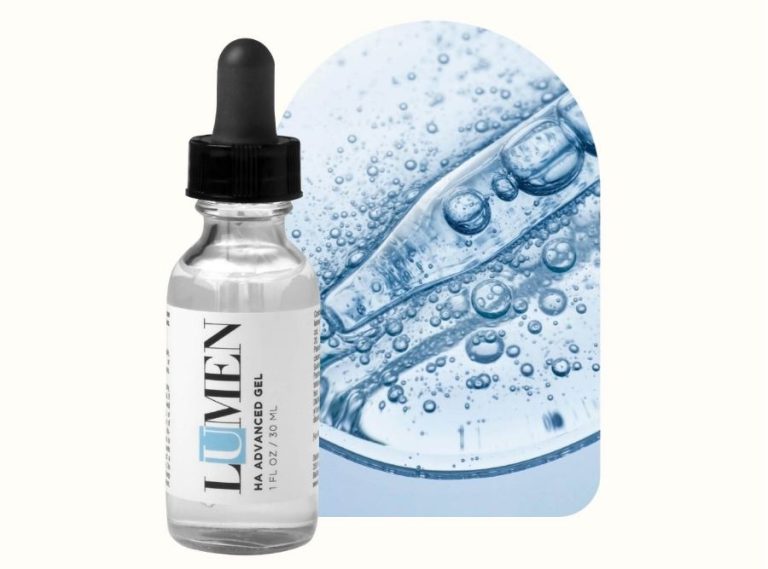 Lumen HA Advanced Gel hyaluronic acid serum in a dropper bottle with hydrating water bubble background.