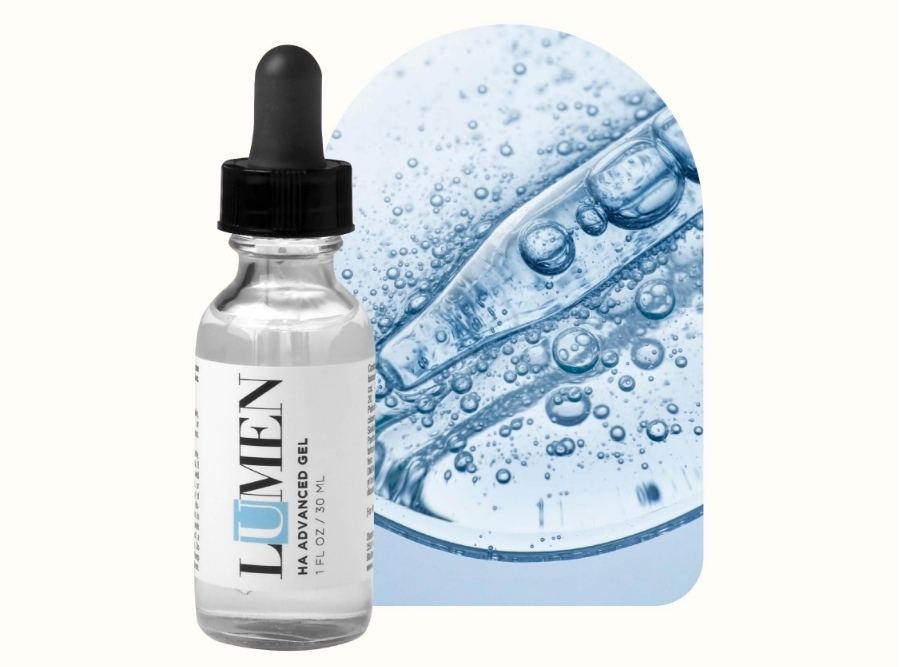 Lumen HA Advanced Gel hyaluronic acid serum in a dropper bottle with hydrating water bubble background.